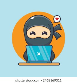 Cute ninja with laptop cartoon vector illustration. Vector cartoon Illustration suitable for poster, brochure, web, mascot, sticker, logo and icon.