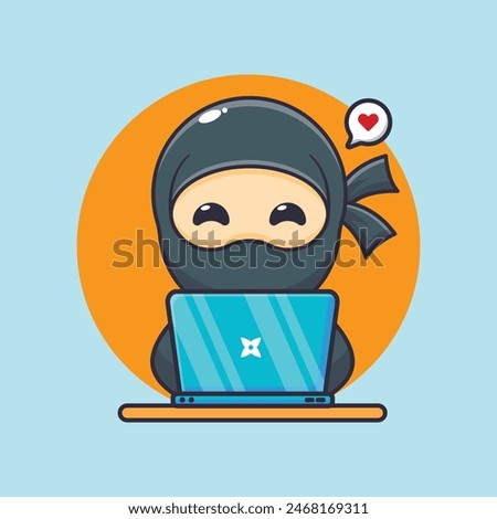 Cute ninja with laptop cartoon vector illustration. Vector cartoon Illustration suitable for poster, brochure, web, mascot, sticker, logo and icon.