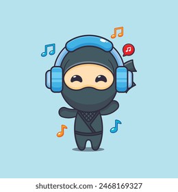 Cute ninja listening music with headphone cartoon vector illustration. Vector cartoon Illustration suitable for poster, brochure, web, mascot, sticker, logo and icon.