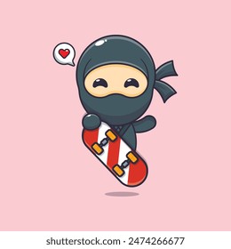 Cute ninja mascot cartoon character with skateboard. Vector cartoon Illustration suitable for poster, brochure, web, mascot, sticker, logo and icon.