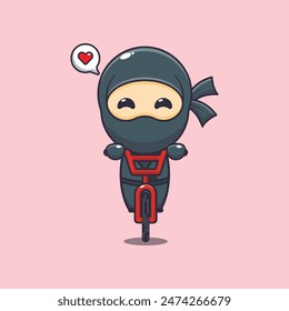 Cute ninja mascot cartoon character ride on bicycle. Vector cartoon Illustration suitable for poster, brochure, web, mascot, sticker, logo and icon.