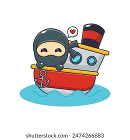 Cute ninja mascot cartoon character on the ship. Vector cartoon Illustration suitable for poster, brochure, web, mascot, sticker, logo and icon.