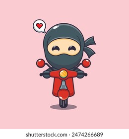 Cute ninja mascot cartoon character ride on scooter. Vector cartoon Illustration suitable for poster, brochure, web, mascot, sticker, logo and icon.