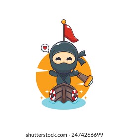 Cute ninja mascot cartoon character on the boat. Vector cartoon Illustration suitable for poster, brochure, web, mascot, sticker, logo and icon.