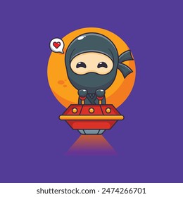 Cute ninja mascot cartoon character fly with ufo. Vector cartoon Illustration suitable for poster, brochure, web, mascot, sticker, logo and icon.