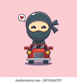 Cute ninja mascot cartoon character ride on car. Vector cartoon Illustration suitable for poster, brochure, web, mascot, sticker, logo and icon.