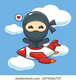 Cute ninja mascot cartoon character ride on plane jet. Vector cartoon Illustration suitable for poster, brochure, web, mascot, sticker, logo and icon.