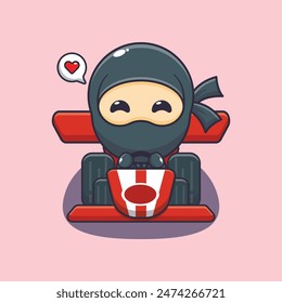 Cute ninja mascot cartoon character riding race car. Vector cartoon Illustration suitable for poster, brochure, web, mascot, sticker, logo and icon.