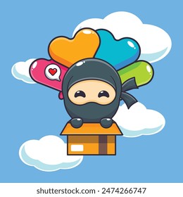 Cute ninja mascot cartoon character fly with balloon. Vector cartoon Illustration suitable for poster, brochure, web, mascot, sticker, logo and icon.