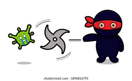 Cute ninja mascot character fight against virus cartoon vector icon illustration. Design isolated on white. Flat cartoon style.