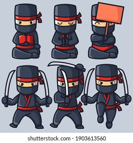 Cute Ninja Mascot Character Vector Illustration. With Outline And Pastel COlor. Recomended For Childreen Design, Cover Book, And Other. Set 6 Ninja.