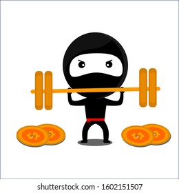 Cute Ninja Mascot lifting weights of coins,vector illustration