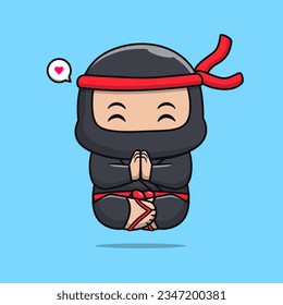 Cute Ninja Meditation Yoga Cartoon Vector Icon Illustration. People Holiday Icon Concept Isolated Premium Vector. Flat Cartoon Style