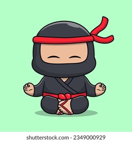 Ilustración del icono del vector de dibujos animados de yoga de meditación Ninja. Vector Premium Aislado De Icono De Festividad. Estilo de dibujo plano