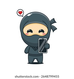 Ninja bonito com ilustração do vetor do desenho animado do telefone celular