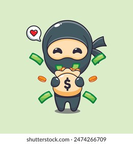 Cute ninja with money bag cartoon vector illustration.
Vector cartoon Illustration suitable for poster, brochure, web, mascot, sticker, logo and icon.