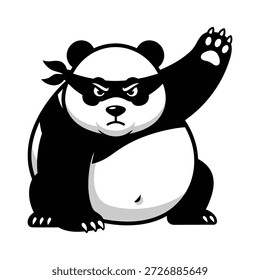 Urso panda ninja bonito em preto e branco com bandana e rosto irritado
