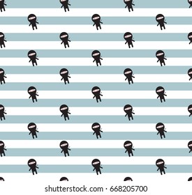 Cute ninja pattern on blue stripe background.