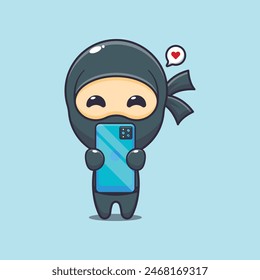 Cute ninja with phone cartoon vector illustration. Vector cartoon Illustration suitable for poster, brochure, web, mascot, sticker, logo and icon.