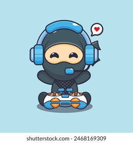 Cute ninja playing a game cartoon vector illustration. Vector cartoon Illustration suitable for poster, brochure, web, mascot, sticker, logo and icon.