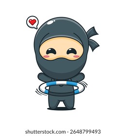 Cute ninja playing hula hoop cartoon vector illustration