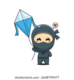Bonito ninja jogando kite desenho animado vetor ilustração