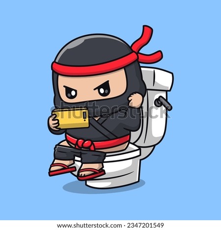 Cute Ninja Playing Phone On Toilet Cartoon Vector Icon Illustration. People Holiday Icon Concept Isolated Premium Vector. Flat Cartoon Style