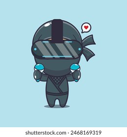 Cute ninja playing virtual reality cartoon vector illustration. Vector cartoon Illustration suitable for poster, brochure, web, mascot, sticker, logo and icon.