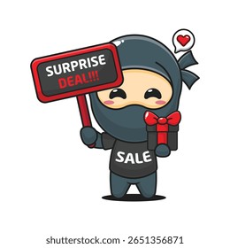 ninja bonito com sinal de promoção e caixa de presente na sexta-feira preta venda desenho animado vetor ilustração	