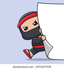 Cute Ninja Pull Paper Cartoon Vector Icon Illustration. People Holiday Icon Concept Isolated Premium Vector. Flat Cartoon Style