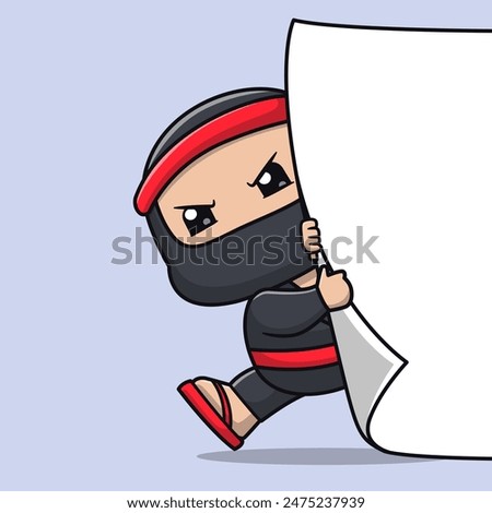 Cute Ninja Pull Paper Cartoon Vector Icon Illustration. People Holiday Icon Concept Isolated Premium Vector. Flat Cartoon Style