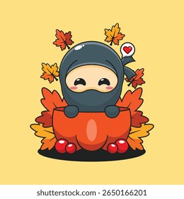Cute ninja in a pumpkin in autumn cartoon vector illustration