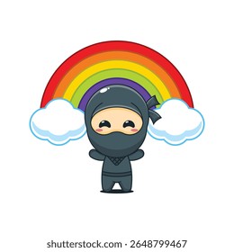Ninja bonito com ilustração do vetor do arco-íris do desenho animado