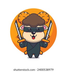 Cute ninja ram sheep cartoon vector illustration. 