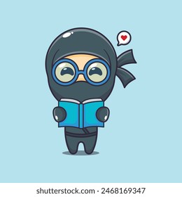 Cute ninja reading a book cartoon vector illustration. Vector cartoon Illustration suitable for poster, brochure, web, mascot, sticker, logo and icon.