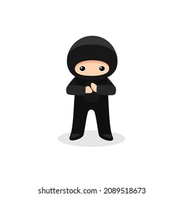 Cute ninja shinobi standing greeting. Gassho-no-Kamae posture concept. Vector illustration isolated on white background 