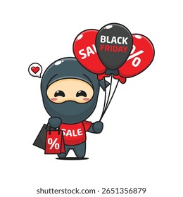 ninja bonito com saco de compras e balão na sexta-feira preta venda desenho animado vetor ilustração