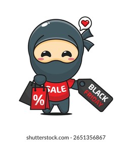 ninja bonito com saco de compras e preto sexta-feira venda desconto desenho animado vetor ilustração	