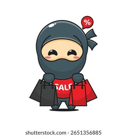 ninja bonito com saco de compras na sexta-feira preta venda desenho animado vetor ilustração