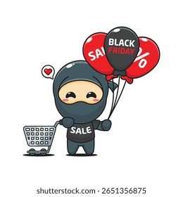 ninja bonito com carrinho de compras e balão na sexta-feira preta venda desenho animado vetor ilustração