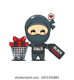 cute ninja with shopping cart and discount coupon black friday sale cartoon vector illustration