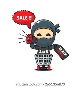 ninja bonito no carrinho de compras está promovendo a venda de sexta-feira preta com megafone desenho animado vetor ilustração