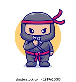 Cute Ninja With Shuriken Cartoon Vector Icon Illustration. People Fashion Icon Concept Isolated Premium Vector. Flat Cartoon Style