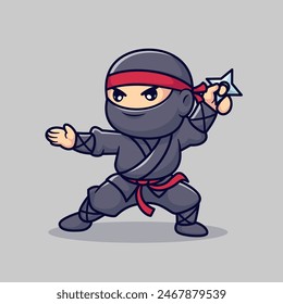 Cute Ninja With Shuriken Vector Icon Illustration. People Holiday Icon Concept Isolated Premium Vector. Flat Cartoon Style