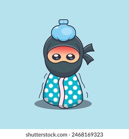 Cute ninja is sick cartoon vector illustration. Vector cartoon Illustration suitable for poster, brochure, web, mascot, sticker, logo and icon.