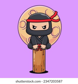 Cute Ninja Sitting On Wood With Moon Cartoon Vector Icon Illustration. People Holiday Icon Concept Isolated Premium Vector. Flat Cartoon Style