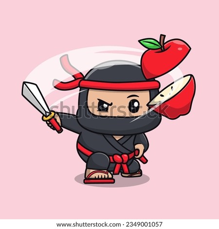 Cute Ninja Slash Apple With Sword Cartoon Vector Icon Illustration. People Holiday Icon Concept Isolated Premium Vector. Flat Cartoon Style