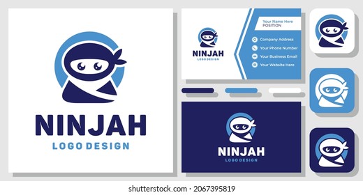 Cute Ninja Squishy Cartoon Character Kawaii Katana Warrior Japan Logo Design with Business Card Template