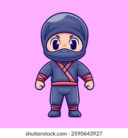 Cute Ninja Standing Cartoon Vector Icon Illustration. People Holiday Icon Concept Isolated Premium Vector. Flat Cartoon Style