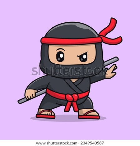 Cute Ninja With Stick Cartoon Vector Icon Illustration. People Holiday Icon Concept Isolated Premium Vector. Flat Cartoon Style